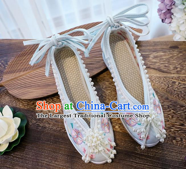 China National Embroidered Shoes Handmade Light Blue Cloth Wedges Shoes Traditional Pearls Tassel Shoes