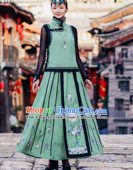 Chinese Traditional Embroidered Crane Peony Green Bust Skirt National Woman Skirt Costume