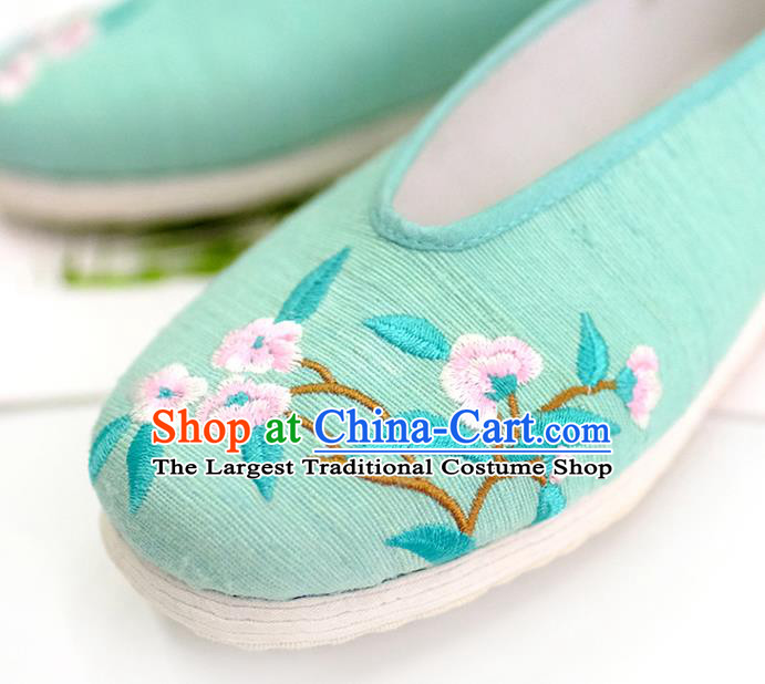 China Embroidered Plum Green Cloth Shoes Traditional Folk Dance Shoes Handmade National Shoes