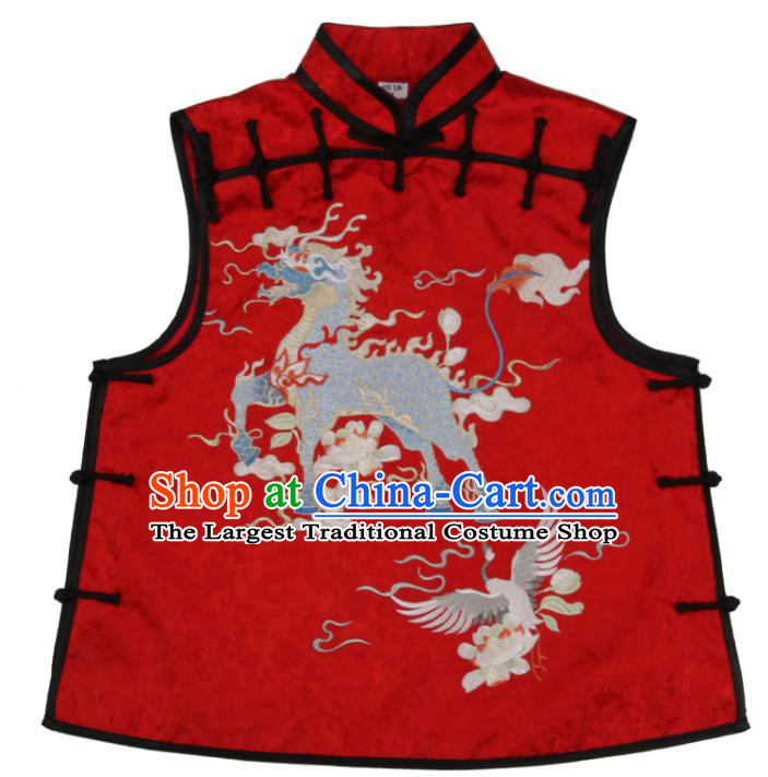 Chinese National Embroidered Kylin Red Brocade Waistcoat Tang Suit Vest Costume Traditional Woman Top Garment
