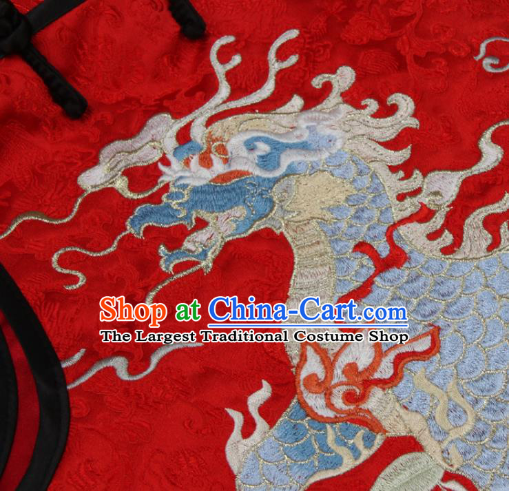 Chinese National Embroidered Kylin Red Brocade Waistcoat Tang Suit Vest Costume Traditional Woman Top Garment