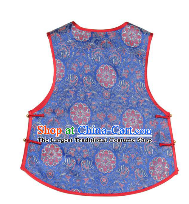 Chinese Traditional Top Garment National Woman Vest Costume Tang Suit Blue Brocade Waistcoat