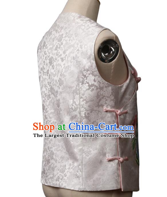 Chinese Traditional Top Garment National Woman White Brocade Vest Costume Tang Suit Embroidered Peony Bird Waistcoat