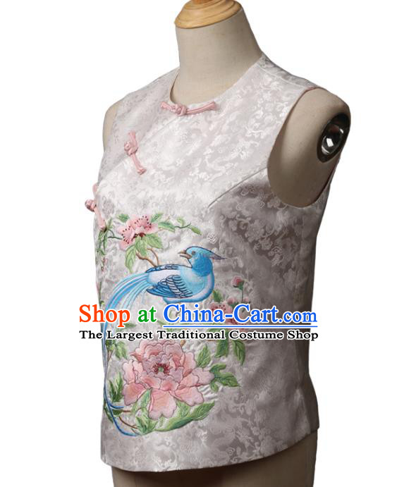 Chinese Traditional Top Garment National Woman White Brocade Vest Costume Tang Suit Embroidered Peony Bird Waistcoat