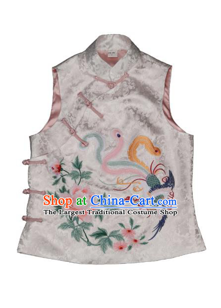 Chinese National Woman Vest Costume Tang Suit Embroidered Phoenix Peony Waistcoat Traditional White Brocade Top Garment