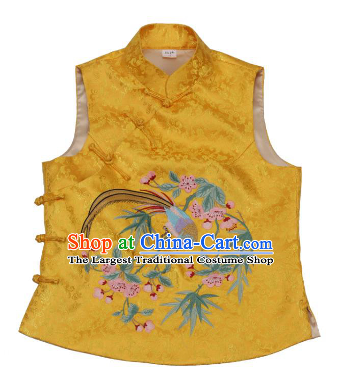 Chinese Traditional Golden Brocade Top Vest Garment Tang Suit Embroidered Begonia Bird Waistcoat