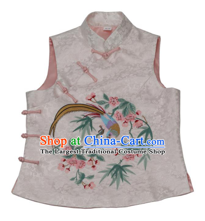 Chinese Traditional Tang Suit Embroidered Begonia Bird Waistcoat Garment National White Top Vest