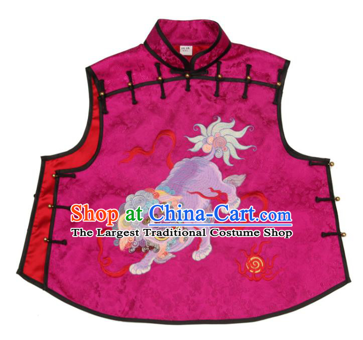 Chinese Tang Suit Upper Outer Garment Traditional Embroidered Lion Waistcoat National Rosy Brocade Vest