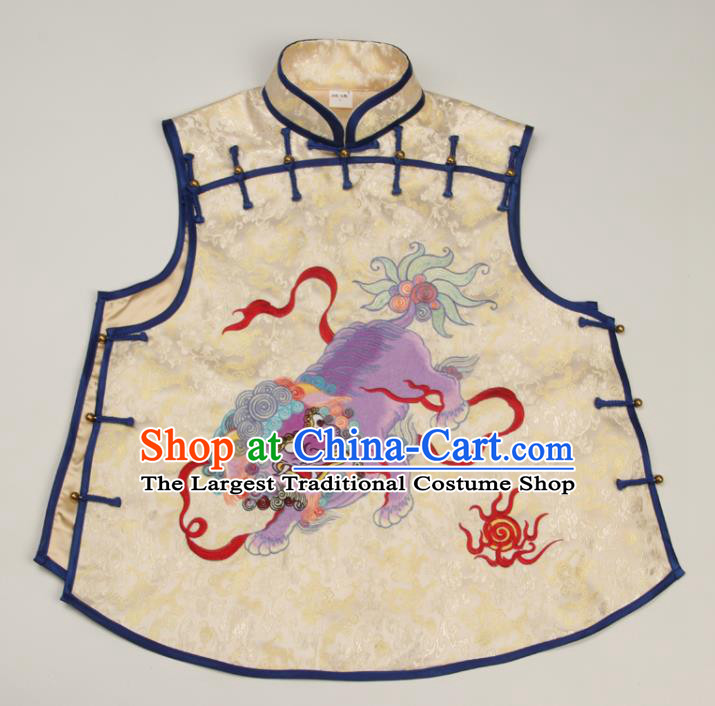 Chinese National Light Golden Brocade Vest Tang Suit Upper Outer Garment Traditional Embroidered Lion Waistcoat