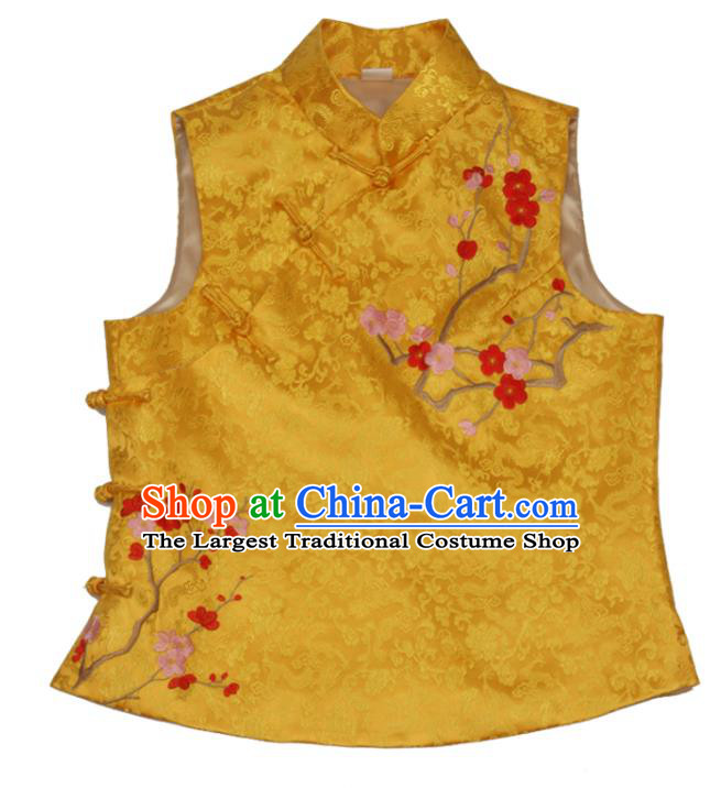 Chinese Traditional Embroidered Plum Blossom Waistcoat National Golden Brocade Vest Tang Suit Upper Outer Garment