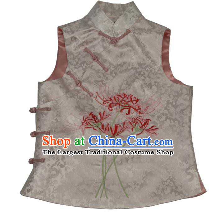 Chinese National White Brocade Vest Tang Suit Upper Outer Garment Traditional Embroidered Manjusaka Waistcoat
