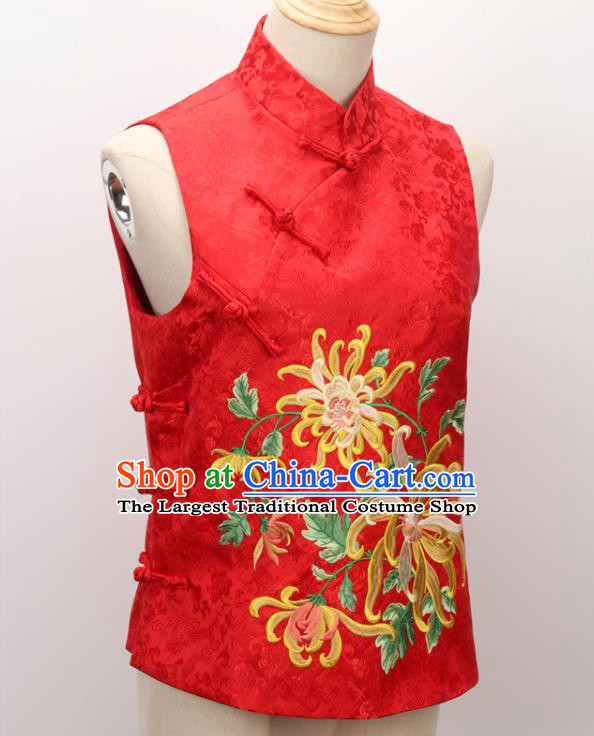Chinese Traditional Embroidered Chrysanthemum Waistcoat Tang Suit Red Brocade Vest National Upper Outer Garment