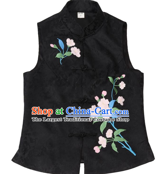 Chinese National Upper Outer Garment Traditional Embroidered Black Brocade Waistcoat Tang Suit Vest