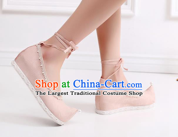 China Handmade Pearls Bow Shoes National Pink Cloth Shoes Traditional Ming Dynasty Hanfu Shoes