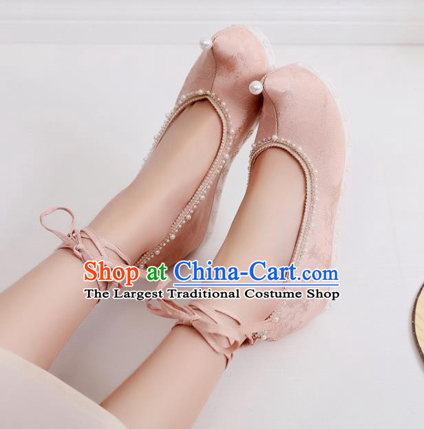 China Handmade Pearls Bow Shoes National Pink Cloth Shoes Traditional Ming Dynasty Hanfu Shoes