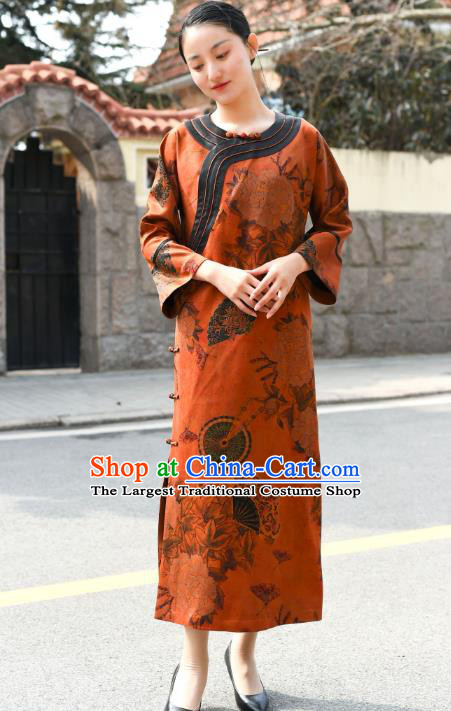 Chinese Traditional Printing Peony Orange Silk Qipao Dress Costume National Young Lady Slant Opening Cheongsam
