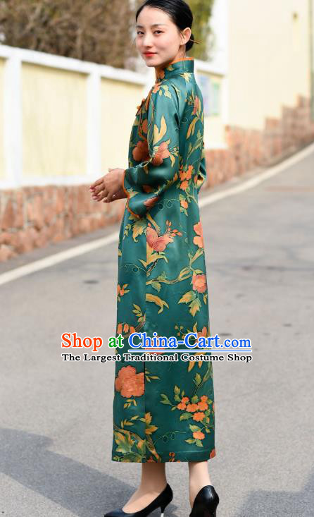 Chinese Traditional Green Silk Qipao Dress Costume National Young Lady Stand Collar Cheongsam
