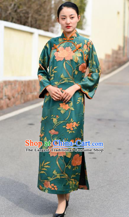 Chinese Traditional Green Silk Qipao Dress Costume National Young Lady Stand Collar Cheongsam
