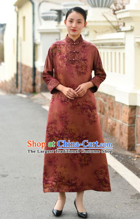 Chinese Traditional Printing Flowers Qipao Dress Costume National Young Lady Brown Cheongsam