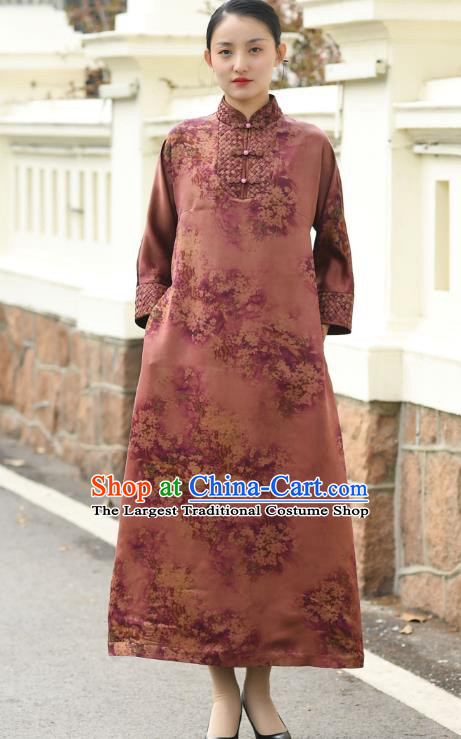 Chinese Traditional Printing Flowers Qipao Dress Costume National Young Lady Brown Cheongsam