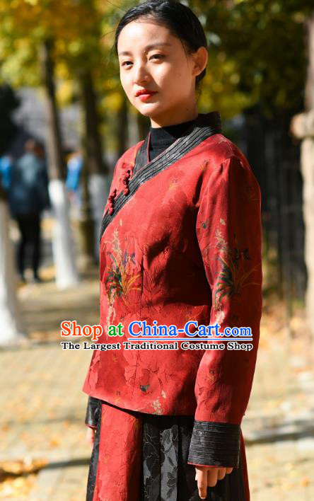 China National Woman Outer Garment Clothing Tang Suit Greatcoat Traditional Red Silk Cotton Wadded Jacket