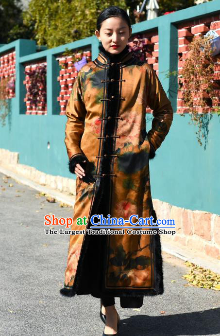 China Tang Suit Printing Lotus Greatcoat Traditional Cotton Wadded Coat National Woman Outer Garment Clothing