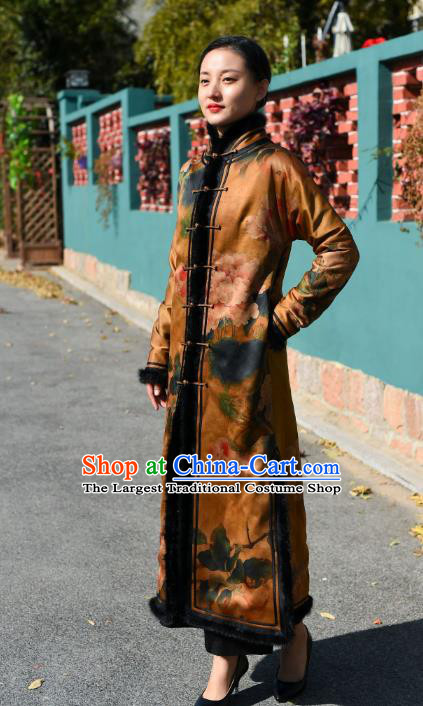 China Tang Suit Printing Lotus Greatcoat Traditional Cotton Wadded Coat National Woman Outer Garment Clothing