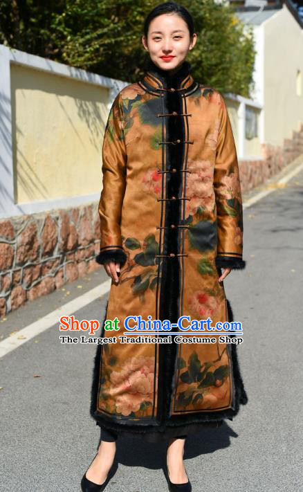 China Tang Suit Printing Lotus Greatcoat Traditional Cotton Wadded Coat National Woman Outer Garment Clothing