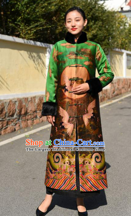 China National Woman Outer Garment Clothing Tang Suit Printing Green Silk Greatcoat Traditional Cotton Wadded Coat