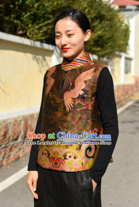 Chinese National Woman Upper Outer Garment Traditional Gambiered Guangdong Gauze Clothing Tang Suit Brown Vest