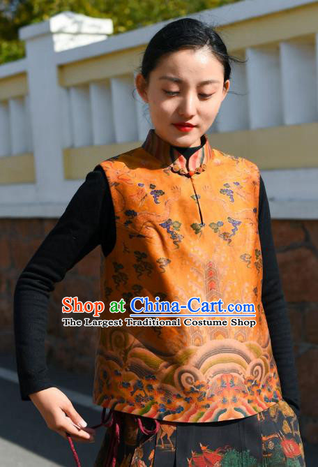 Chinese Tang Suit Golden Silk Vest National Woman Upper Outer Garment Traditional Waistcoat Clothing