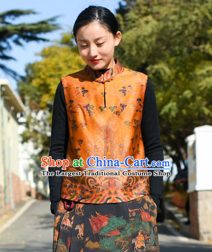 Chinese Tang Suit Golden Silk Vest National Woman Upper Outer Garment Traditional Waistcoat Clothing