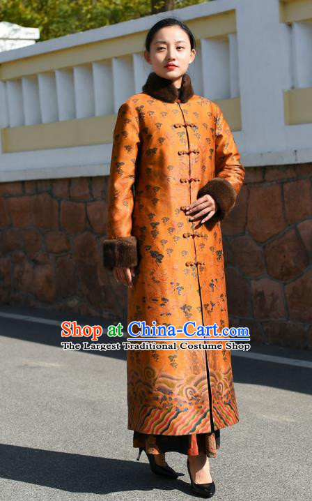 China Traditional Cotton Wadded Coat National Woman Outer Garment Clothing Tang Suit Orange Silk Greatcoat
