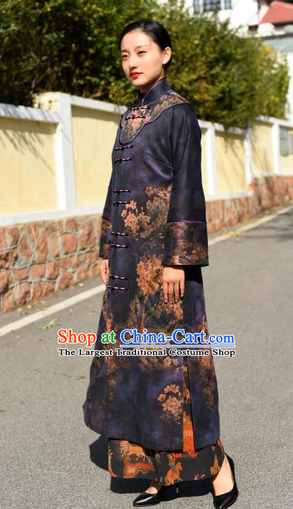 China Tang Suit Purple Silk Greatcoat Traditional Cotton Wadded Coat National Woman Outer Garment Clothing