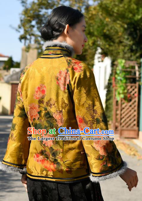 China Traditional Cotton Wadded Jacket National Woman Outer Garment Clothing Tang Suit Yellow Silk Overcoat