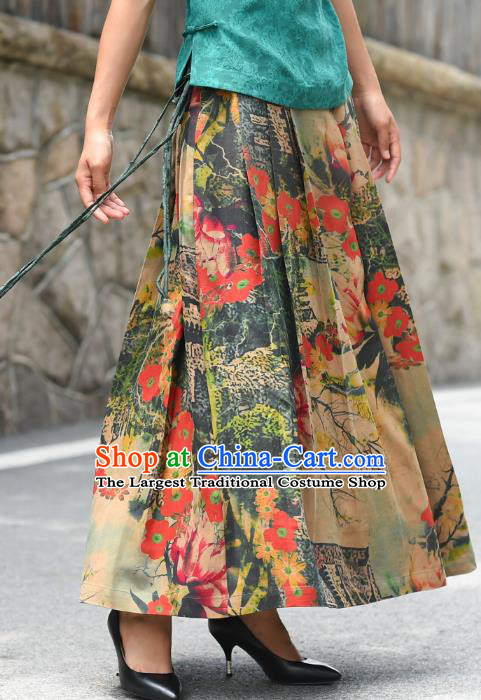 China National Woman Gambiered Guangdong Gauze Skirt Traditional Printing Flowers Silk Bust Skirt Costume