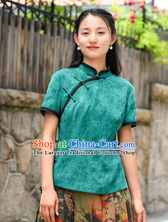 Chinese Tang Suit Green Silk Blouse National Woman Upper Outer Garment Traditional Shirt Clothing