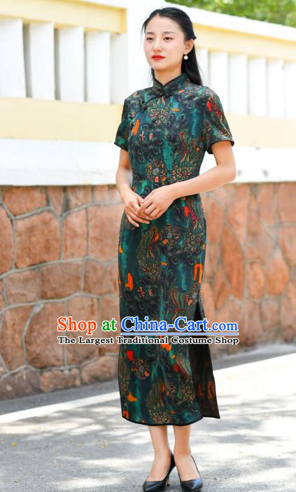 Chinese Traditional Deep Green Silk Qipao Dress Costume National Young Lady Cheongsam