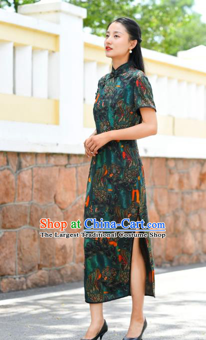 Chinese Traditional Deep Green Silk Qipao Dress Costume National Young Lady Cheongsam