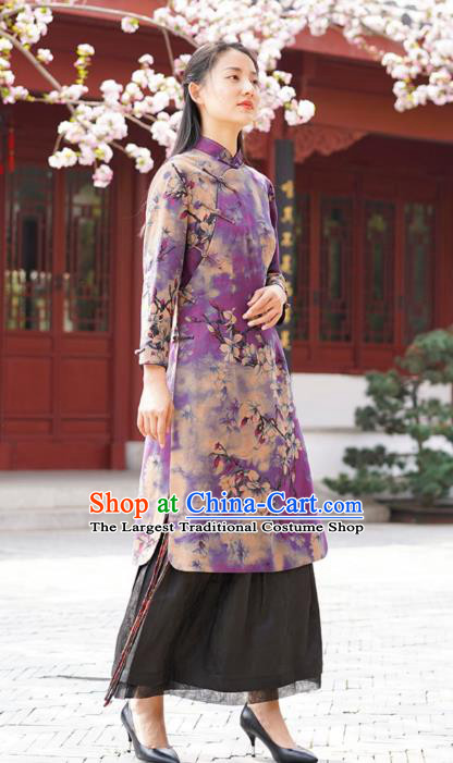 Chinese Traditional Printing Mangnolia Qipao Dress Costume National Young Lady Purple Silk Cheongsam