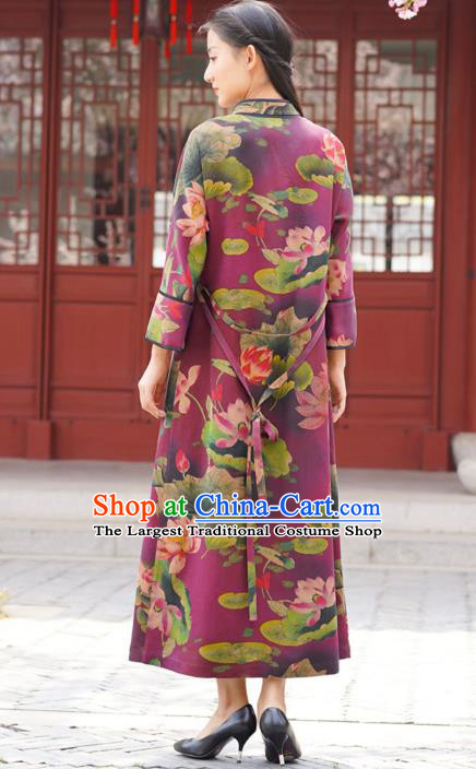 Chinese Traditional Purple Silk Qipao Dress Costume National Young Lady Printing Lotus Cheongsam