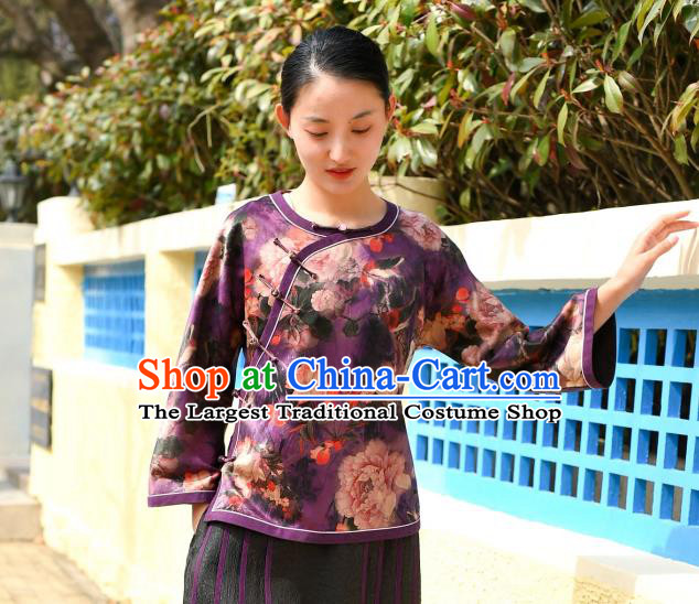 Chinese National Woman Upper Outer Garment Traditional Gambiered Guangdong Gauze Clothing Tang Suit Purple Silk Blouse