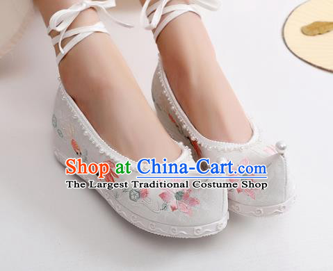 China National Embroidered Lotus Bow Shoes Traditional Ming Dynasty Princess Shoes Handmade Hanfu White Cloth Shoes