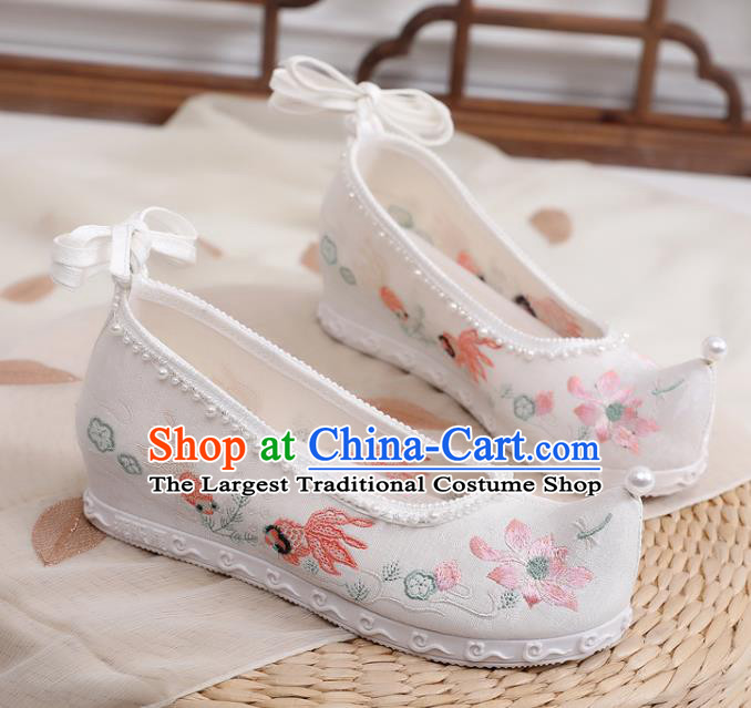 China National Embroidered Lotus Bow Shoes Traditional Ming Dynasty Princess Shoes Handmade Hanfu White Cloth Shoes