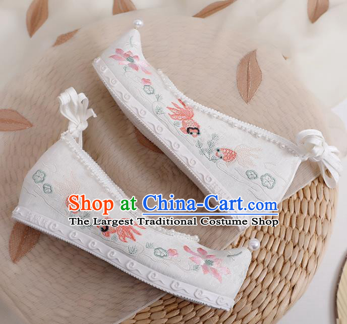 China National Embroidered Lotus Bow Shoes Traditional Ming Dynasty Princess Shoes Handmade Hanfu White Cloth Shoes