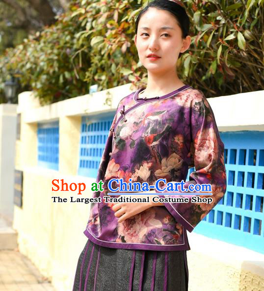 Chinese National Woman Upper Outer Garment Traditional Gambiered Guangdong Gauze Clothing Tang Suit Purple Silk Blouse