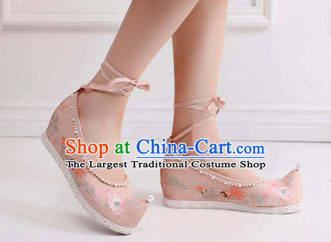 China Handmade Hanfu Pink Cloth Shoes National Embroidered Lotus Bow Shoes Traditional Ming Dynasty Princess Shoes