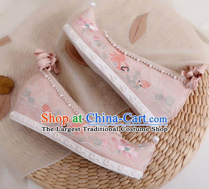 China Handmade Hanfu Pink Cloth Shoes National Embroidered Lotus Bow Shoes Traditional Ming Dynasty Princess Shoes