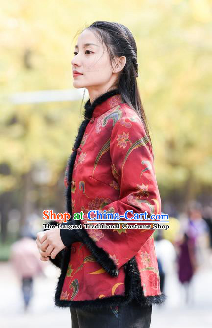 China Traditional Cotton Wadded Jacket National Woman Outer Garment Clothing Tang Suit Red Silk Overcoat