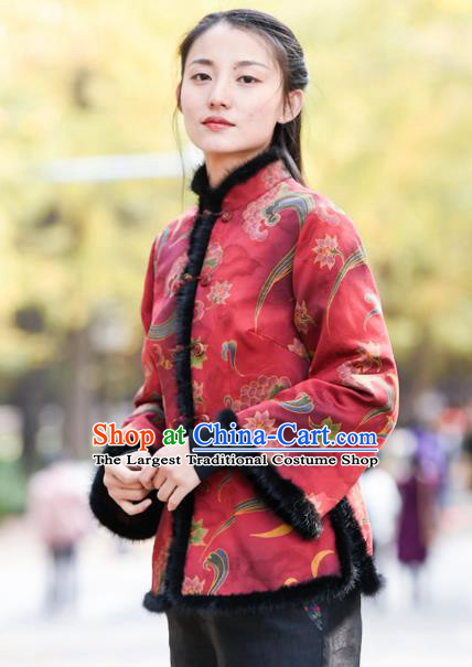 China Traditional Cotton Wadded Jacket National Woman Outer Garment Clothing Tang Suit Red Silk Overcoat